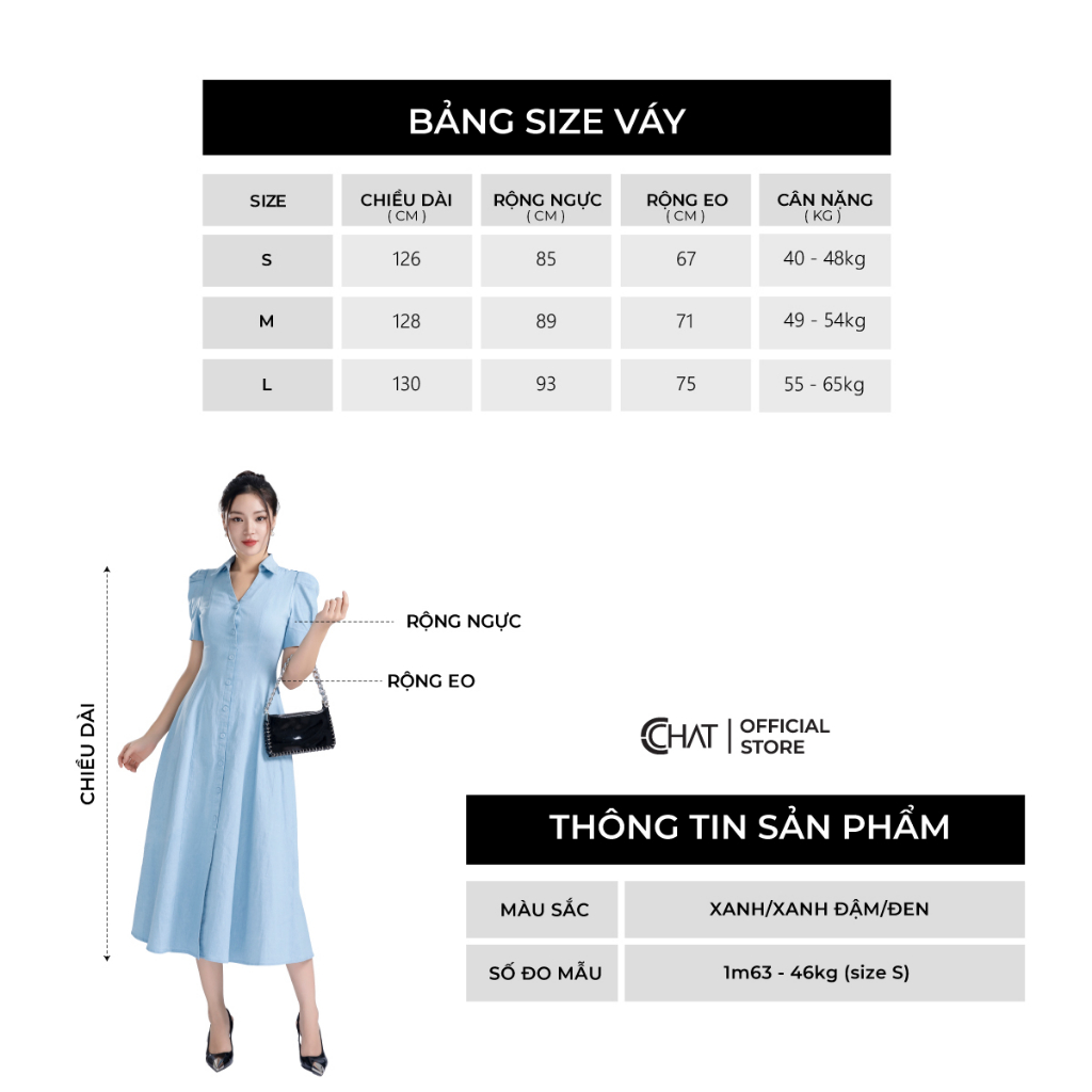 Đầm Nữ 𝐂𝐂𝐇𝐀𝐓 Dáng Xòe Đính Cúc Thân Trước Chất Vải Cao Cấp Phong Cách Thanh Lịch 13VNJ2042XT