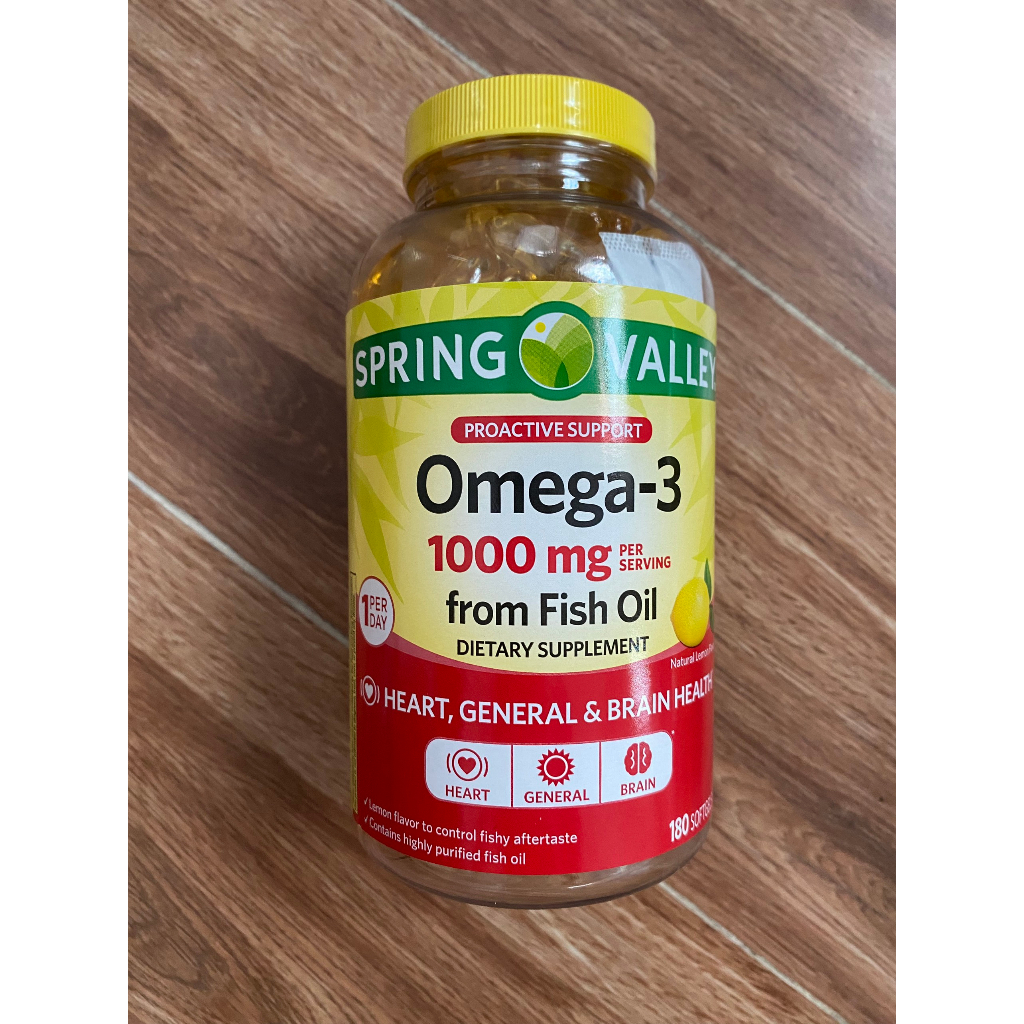 Viên uống dầu cá OMEGA-3 1000mg 180 viên hàm lượng EPA, DHA cao hỗ trợ sáng mắt bổ não hương chanh từ hãng SPRING VALLEY
