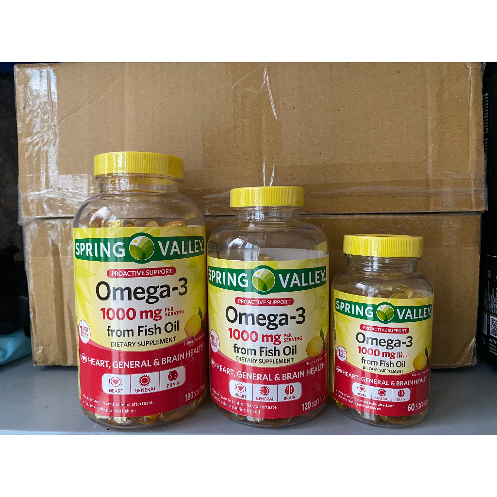 Viên uống dầu cá OMEGA-3 1000mg 180 viên hàm lượng EPA, DHA cao hỗ trợ sáng mắt bổ não hương chanh từ hãng SPRING VALLEY