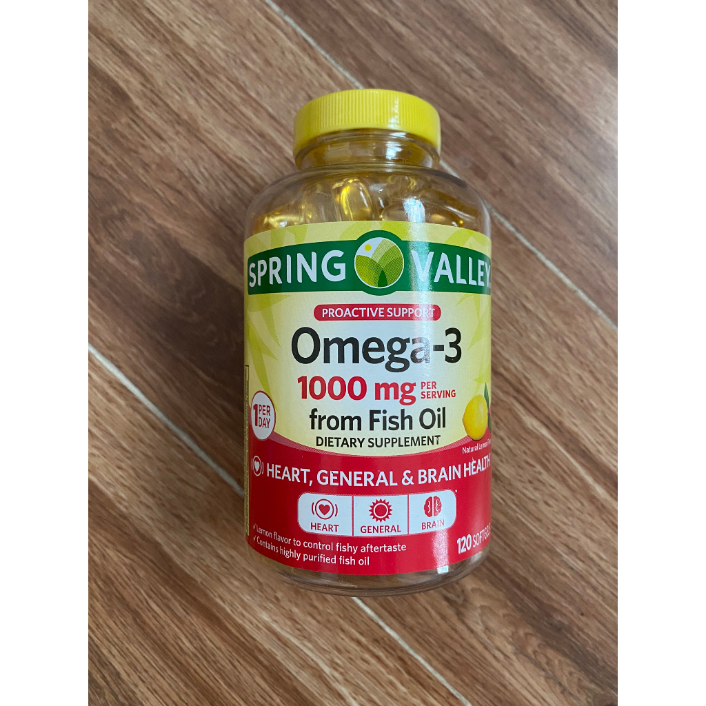 Viên uống dầu cá OMEGA-3 1000mg 180 viên hàm lượng EPA, DHA cao hỗ trợ sáng mắt bổ não hương chanh từ hãng SPRING VALLEY