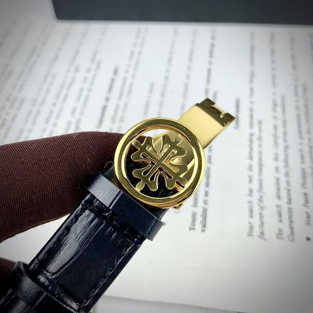 Đồng hồ Nam PT tròn dây da 5kim thứ ngày tháng  mặt đen viền vàng gold máy nhật dòng cơ Automatic size 40mm trăng sao