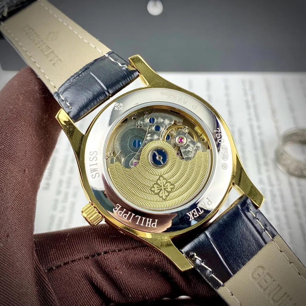 Đồng hồ Nam PT tròn dây da 5kim thứ ngày tháng  mặt đen viền vàng gold máy nhật dòng cơ Automatic size 40mm trăng sao