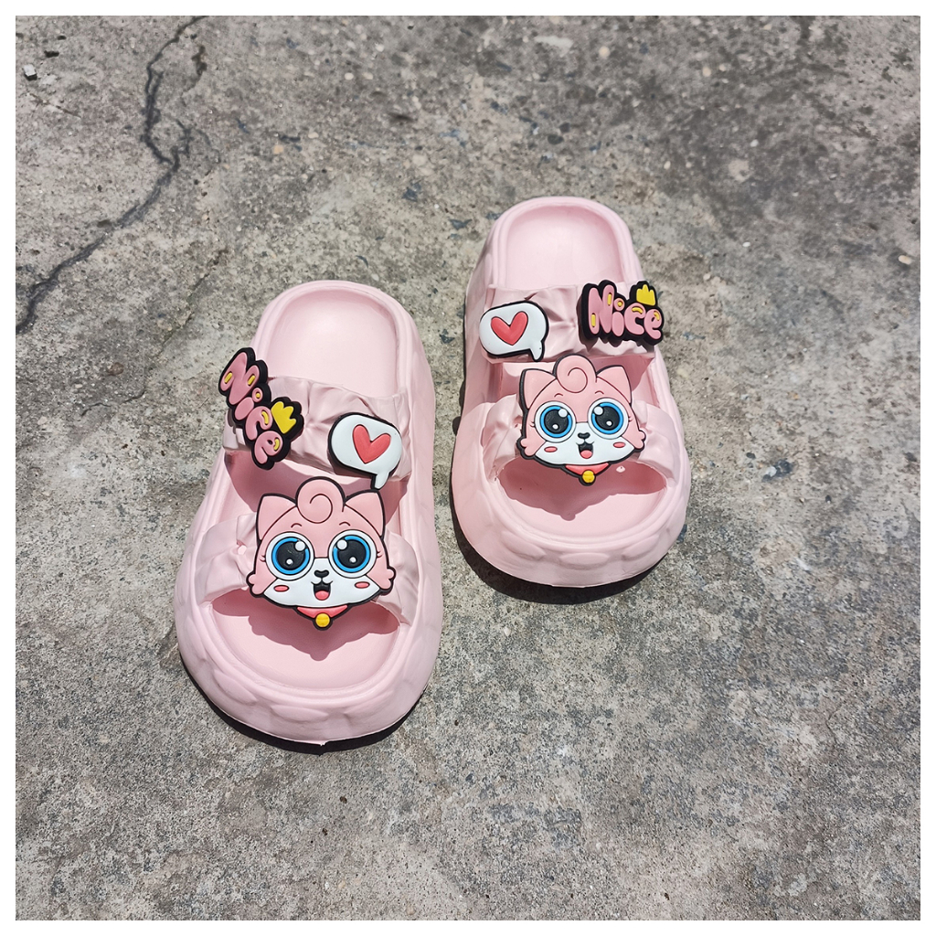 Dép bánh mì 2 quai đế cao 3cm stiker MẶT MÈO đáng yêu cho bé