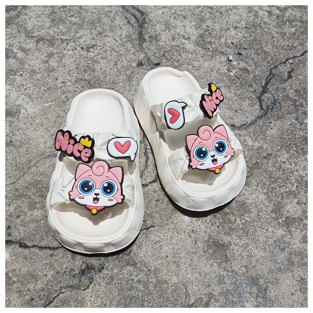 Dép bánh mì 2 quai đế cao 3cm stiker MẶT MÈO đáng yêu cho bé