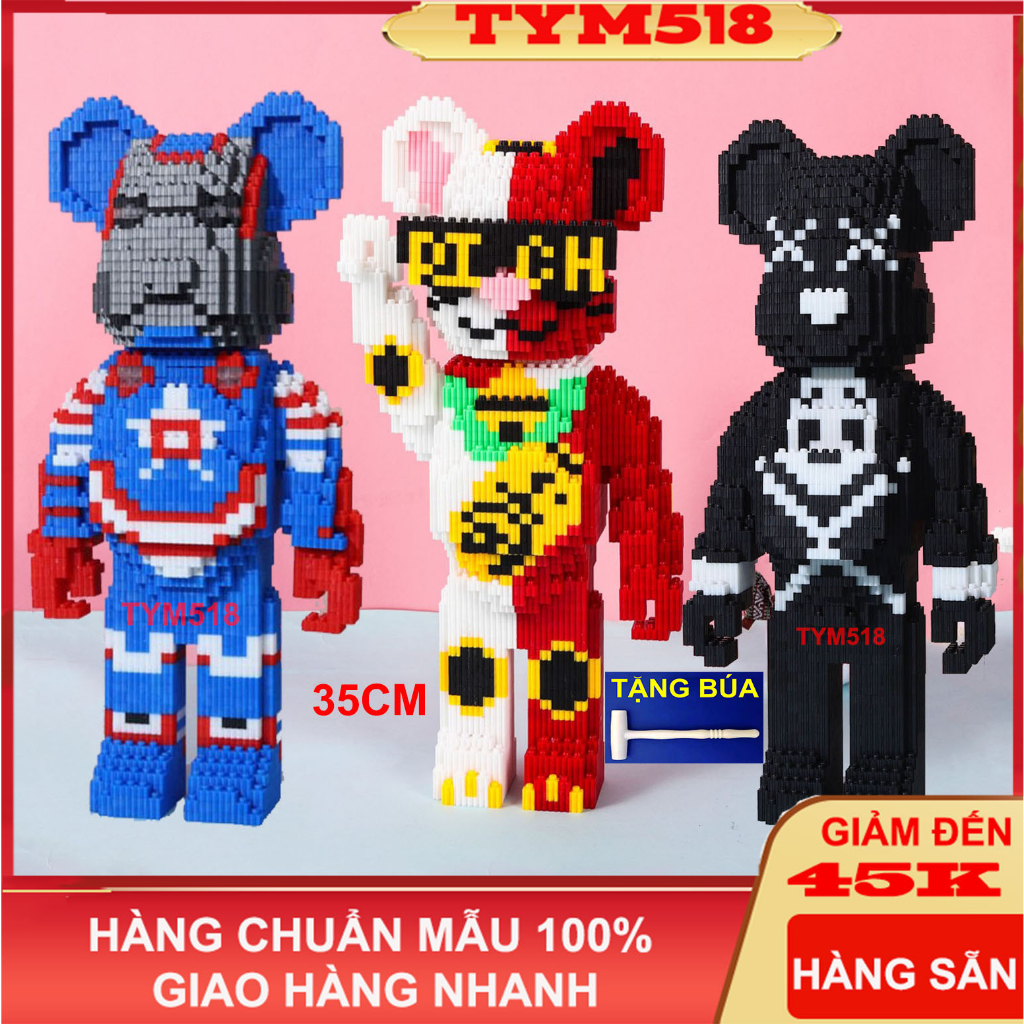 le.go Gấu Bearbrick jinx ironman 36cm (TẶNG BÚA) rich đội trưởng mỹ rich 33cm xếp hình lắp ráp mô hình cỡ lớn