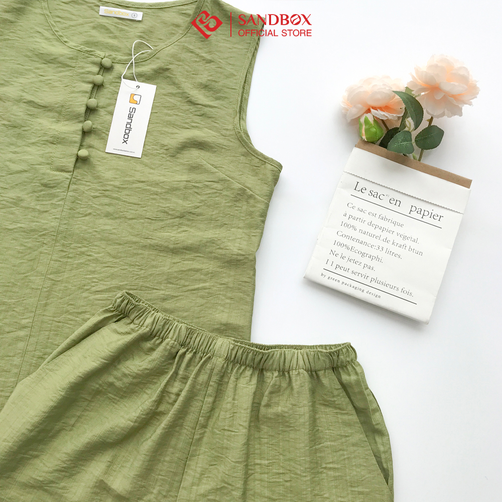 Bộ mặc nhà nữ SANDBOX thiết kế sát nách, quần đùi chất đũi tơ cao cấp mềm mát thoải mái (BHD23001)