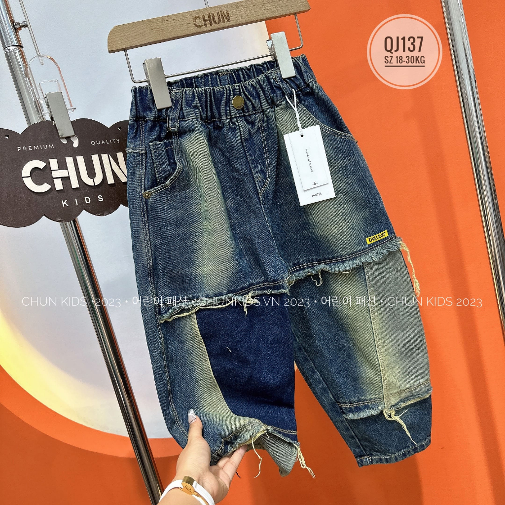 QJ137 - QUẦN jean nhỡ rách gân chéo bên đậm bên nhạt UG1237 - T13 cho Bé