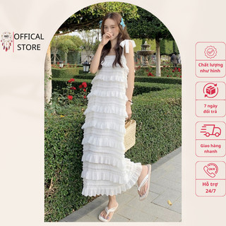 Váy 2 dây trắng xếp 9 tầng mây Mót boho nhẹ nhàng, dễ thương
