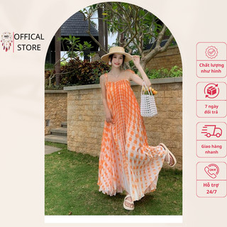 Váy 2 dây cam obre dập ly Mót boho sang chảnh, quyến rũ