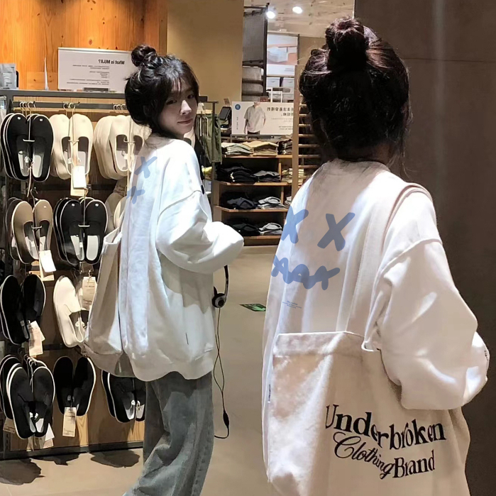 FOCUS fashion retro Trắng dài tay áo nỉ cổ tròn local brand bigsize levents unisex 100%cotton