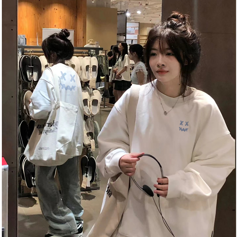 FOCUS fashion retro Trắng dài tay áo nỉ cổ tròn local brand bigsize levents unisex 100%cotton