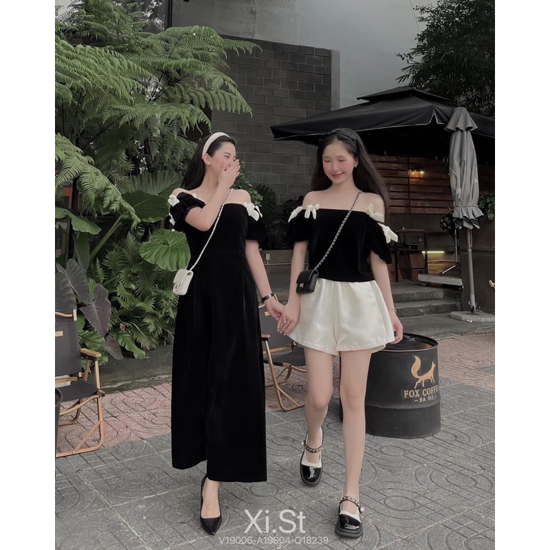 Đầm Nhung đen bẹt vai đính nơ kem + Áo Nhung đen bẹt vai đính nơ kem