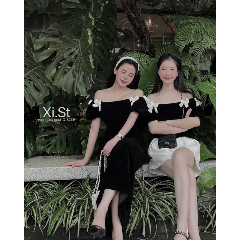 Đầm Nhung đen bẹt vai đính nơ kem + Áo Nhung đen bẹt vai đính nơ kem