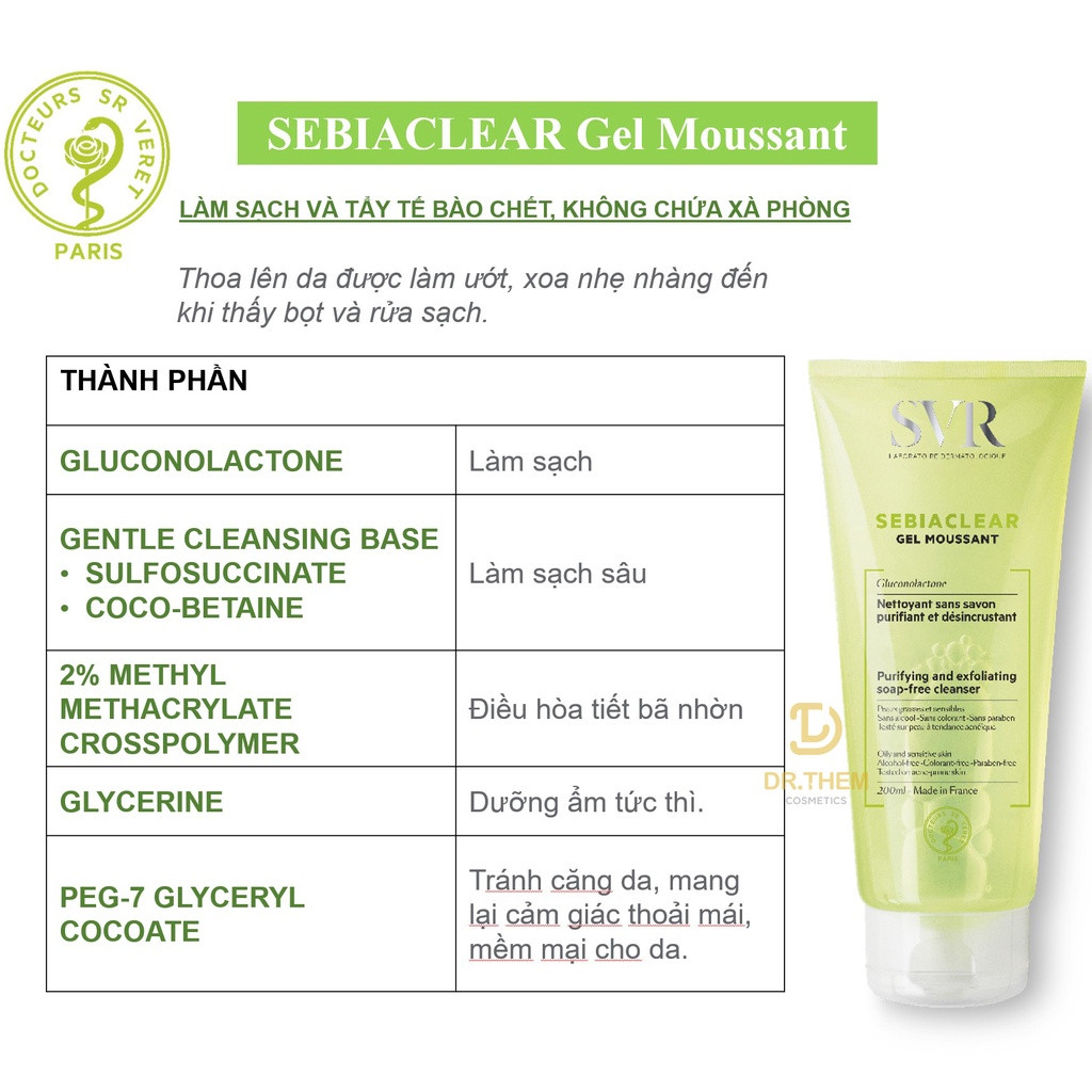 Sữa rửa mặt Sebiaclear Gel Moussant Xanh lá làm sạch cho da dầu mụn nhạy cảm