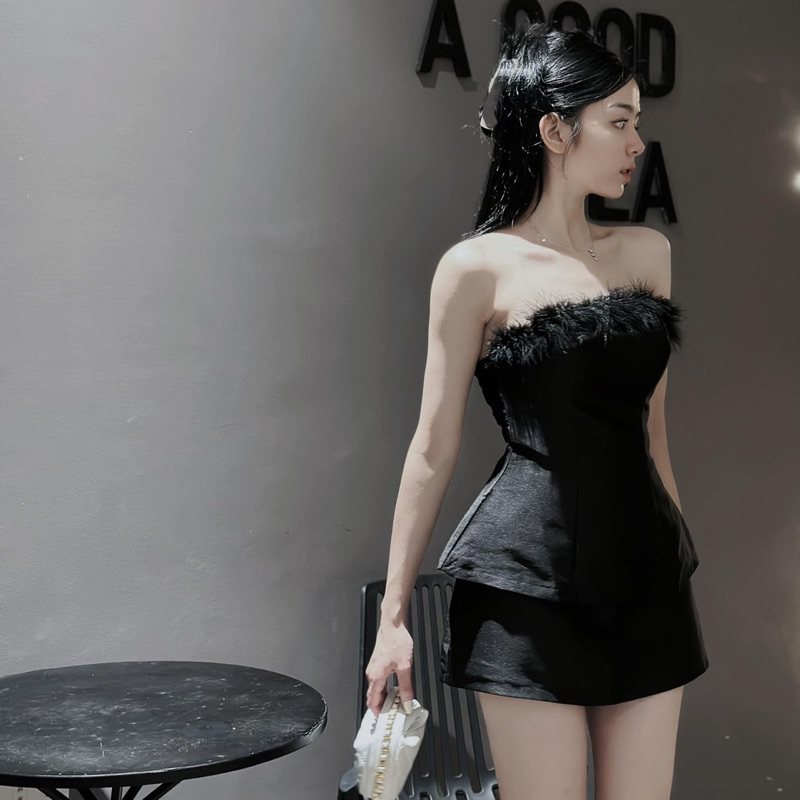 Set áo ống đen Cúp Lông Vũ + Chân váy Tafta
