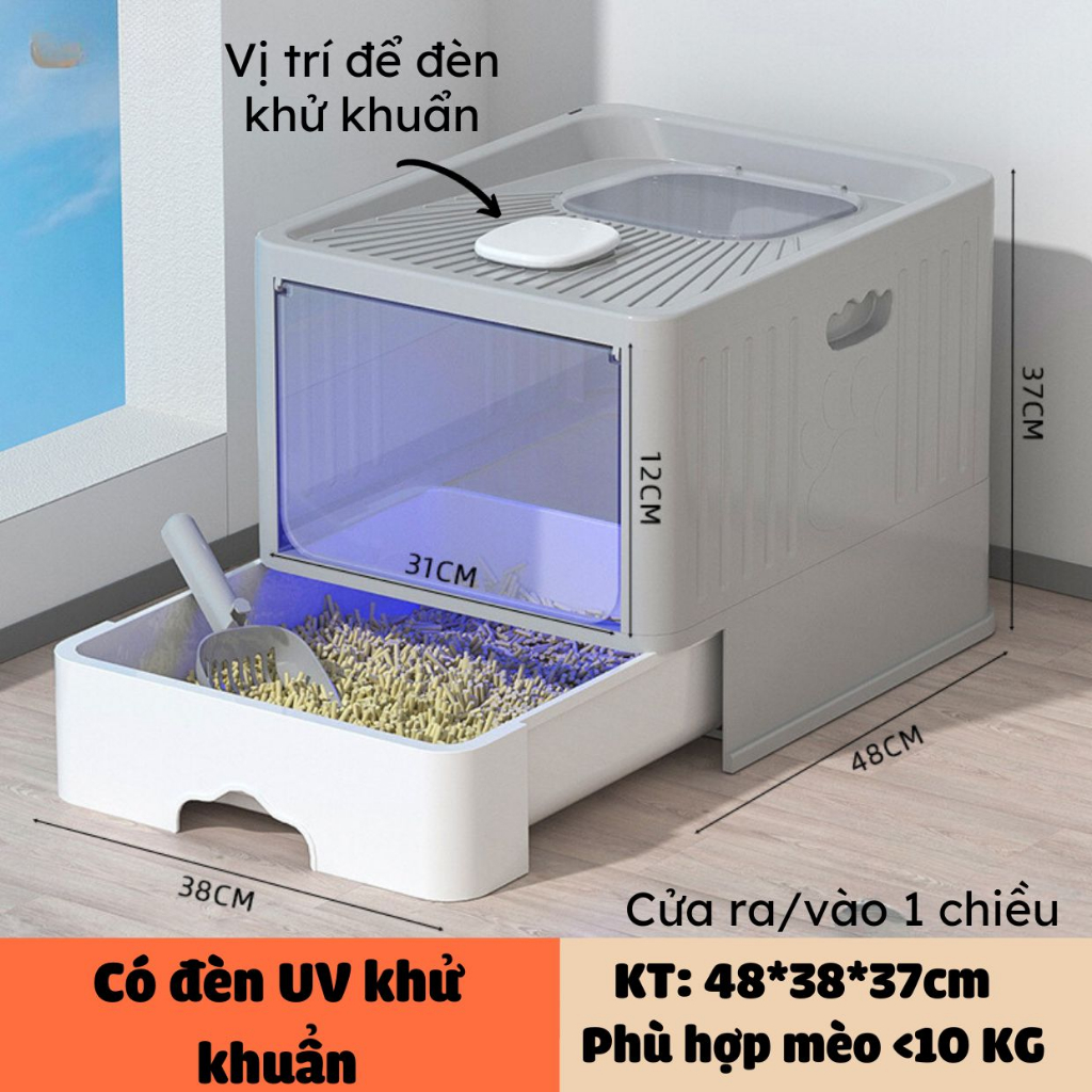 Nhà vệ sinh cho mèo 2 cửa hình vuông có đen tia cực tím UV khử khuẩn Hoshi Pet NV05