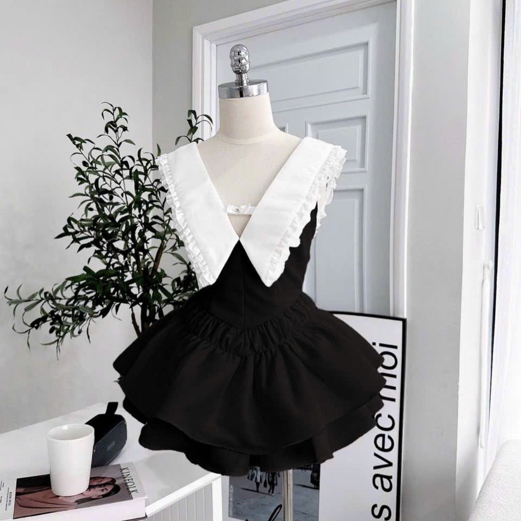 SET Áo peplum xòe cổ sam viền bèo kèm Chân váy xếp ly màu trắng/đen NÀNG CLOSET