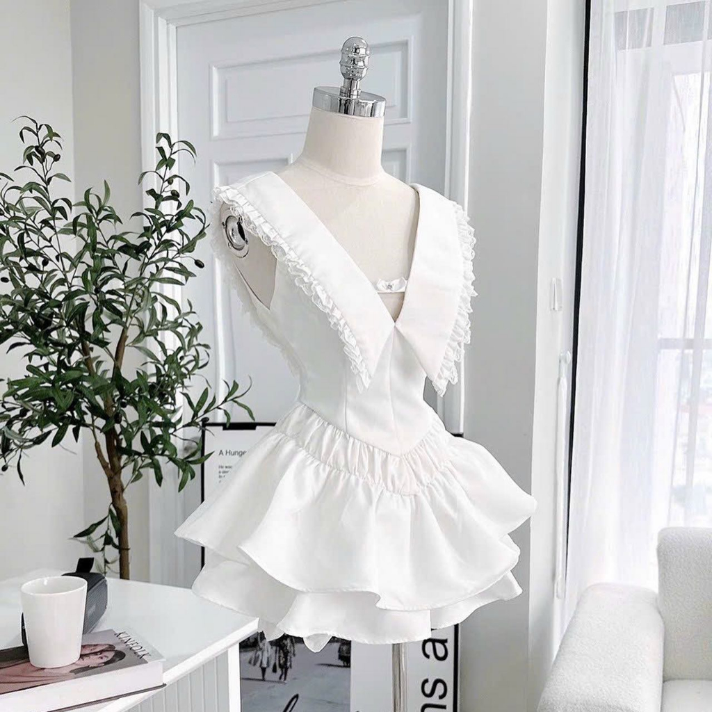 SET Áo peplum xòe cổ sam viền bèo kèm Chân váy xếp ly màu trắng/đen NÀNG CLOSET