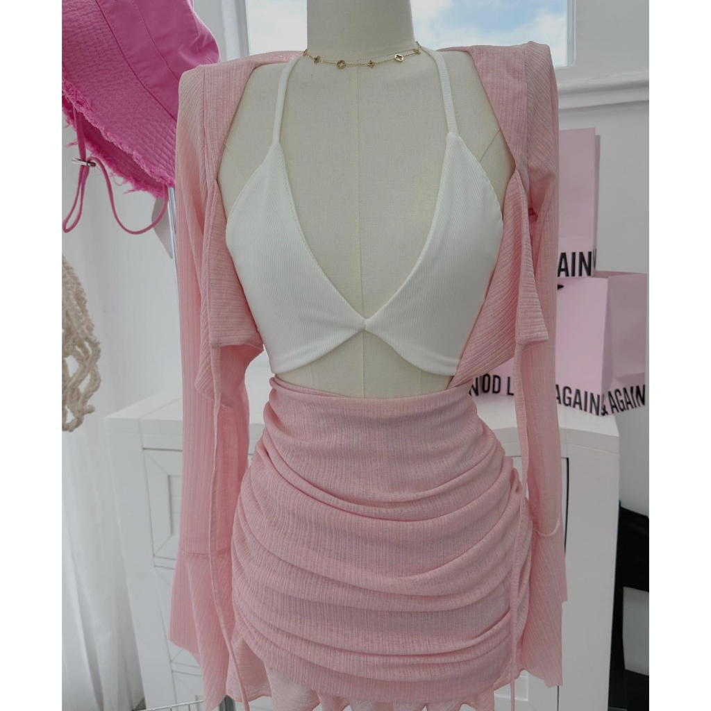 SET 3 món Áo bra trắng kèm Khoác và chân váy nhún bèo hồng đi biển/du lịch NÀNG CLOSET