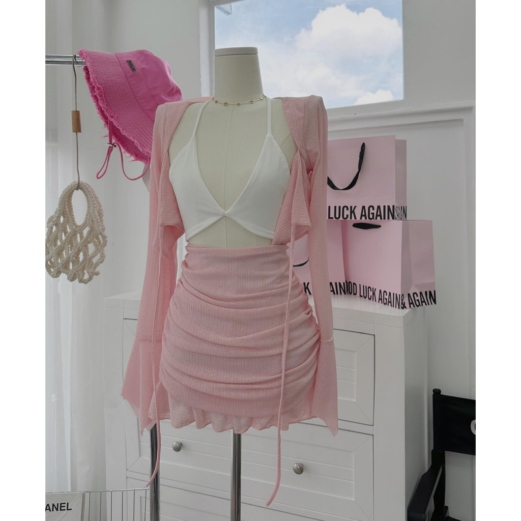 SET 3 món Áo bra trắng kèm Khoác và chân váy nhún bèo hồng đi biển/du lịch NÀNG CLOSET