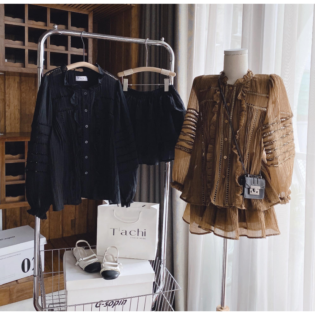 SET Áo voan viền ren kèm Chân váy tầng nâu NÀNG CLOSET