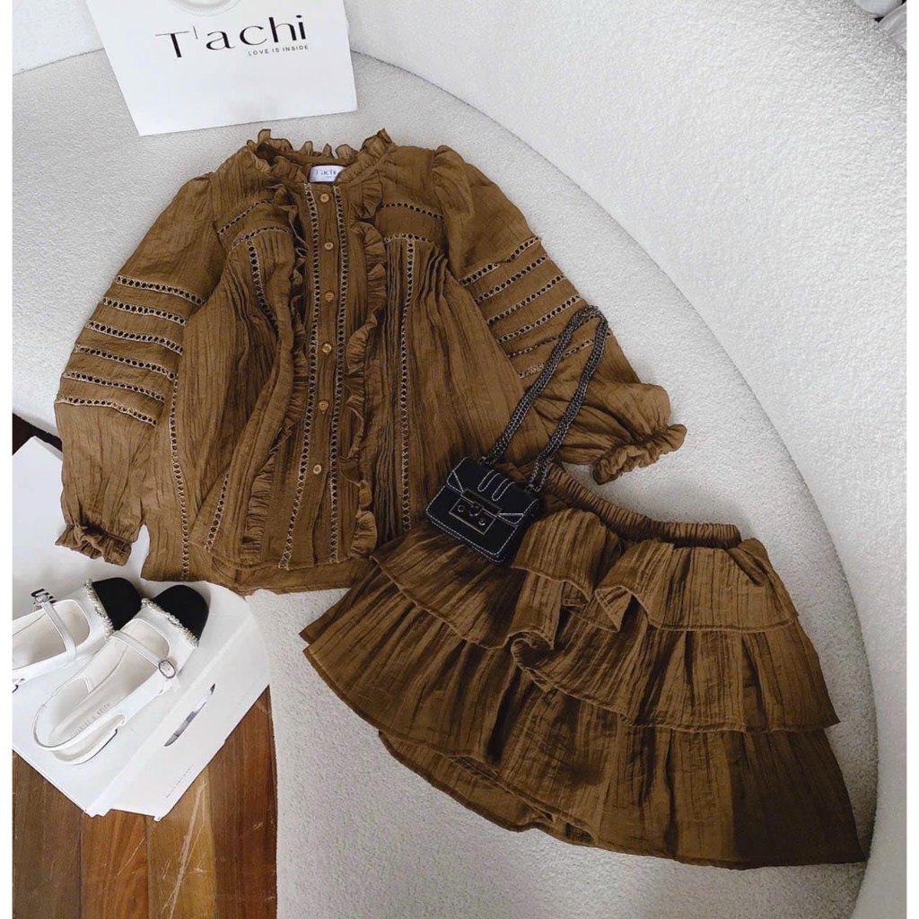 SET Áo voan viền ren kèm Chân váy tầng nâu NÀNG CLOSET
