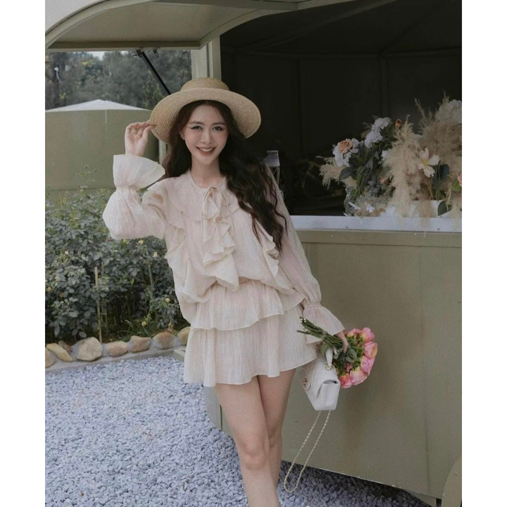 SET Áo voan nude viền bèo kèm Chân Váy tầng NÀNG CLOSET