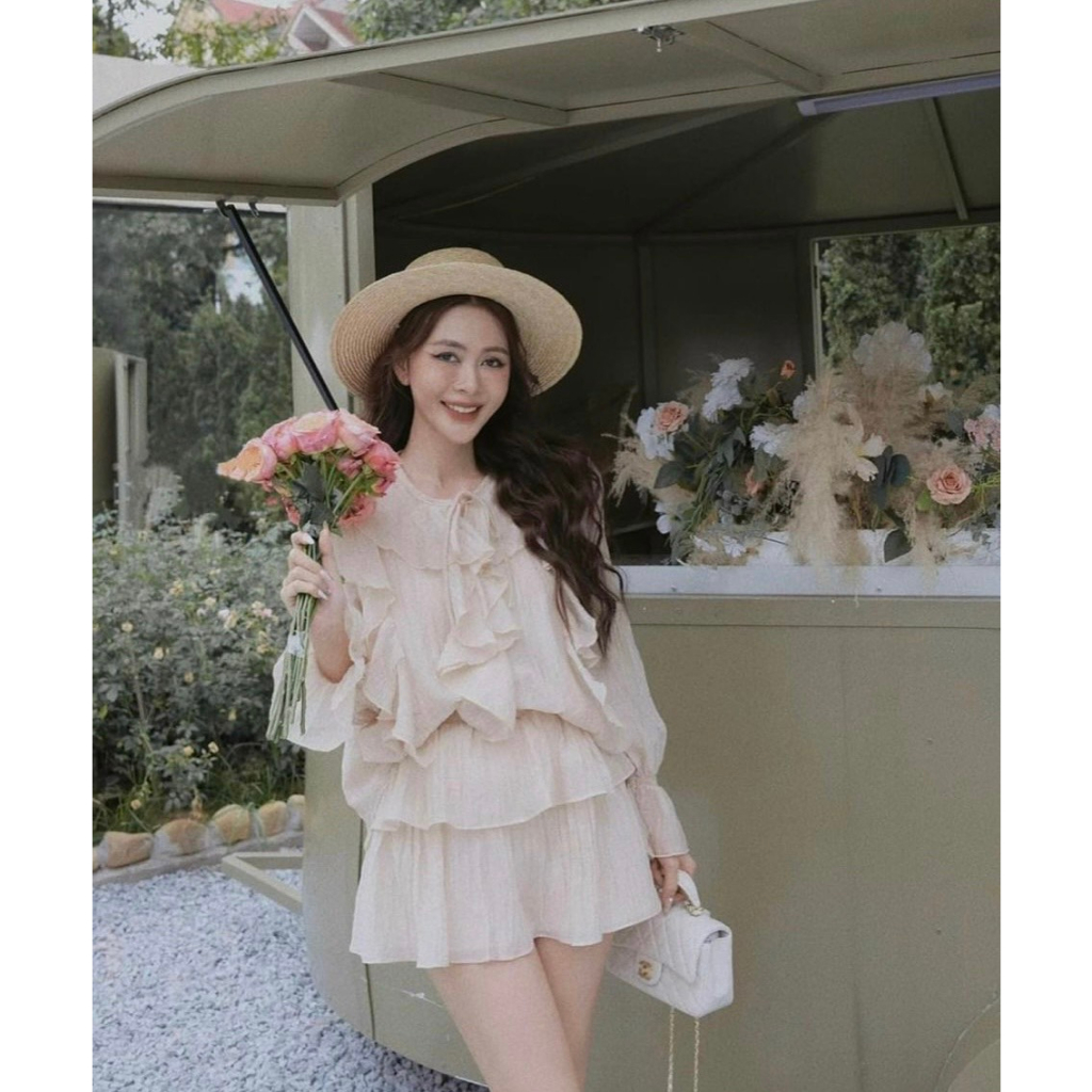 SET Áo voan nude viền bèo kèm Chân Váy tầng NÀNG CLOSET