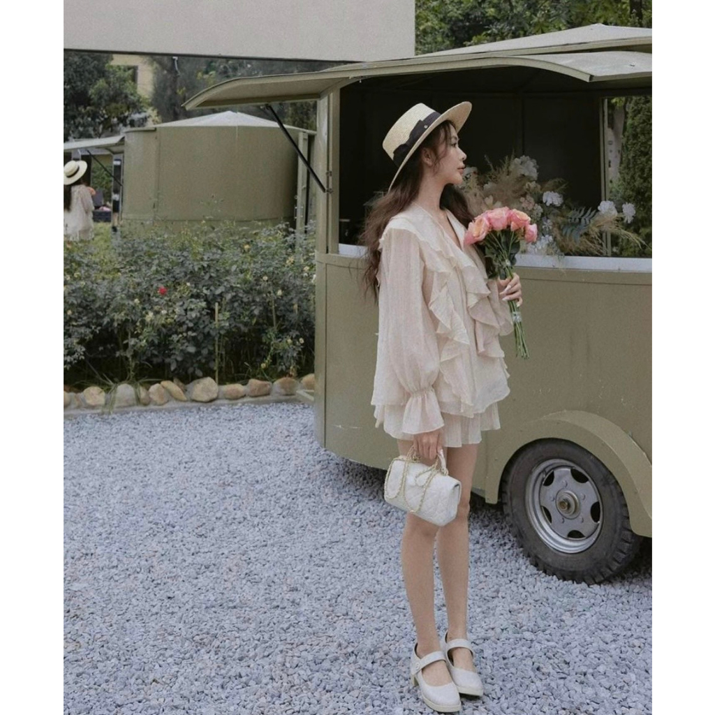 SET Áo voan nude viền bèo kèm Chân Váy tầng NÀNG CLOSET
