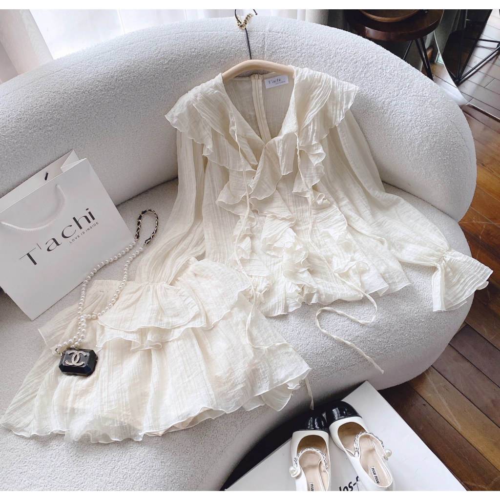 SET Áo voan nude viền bèo kèm Chân Váy tầng NÀNG CLOSET