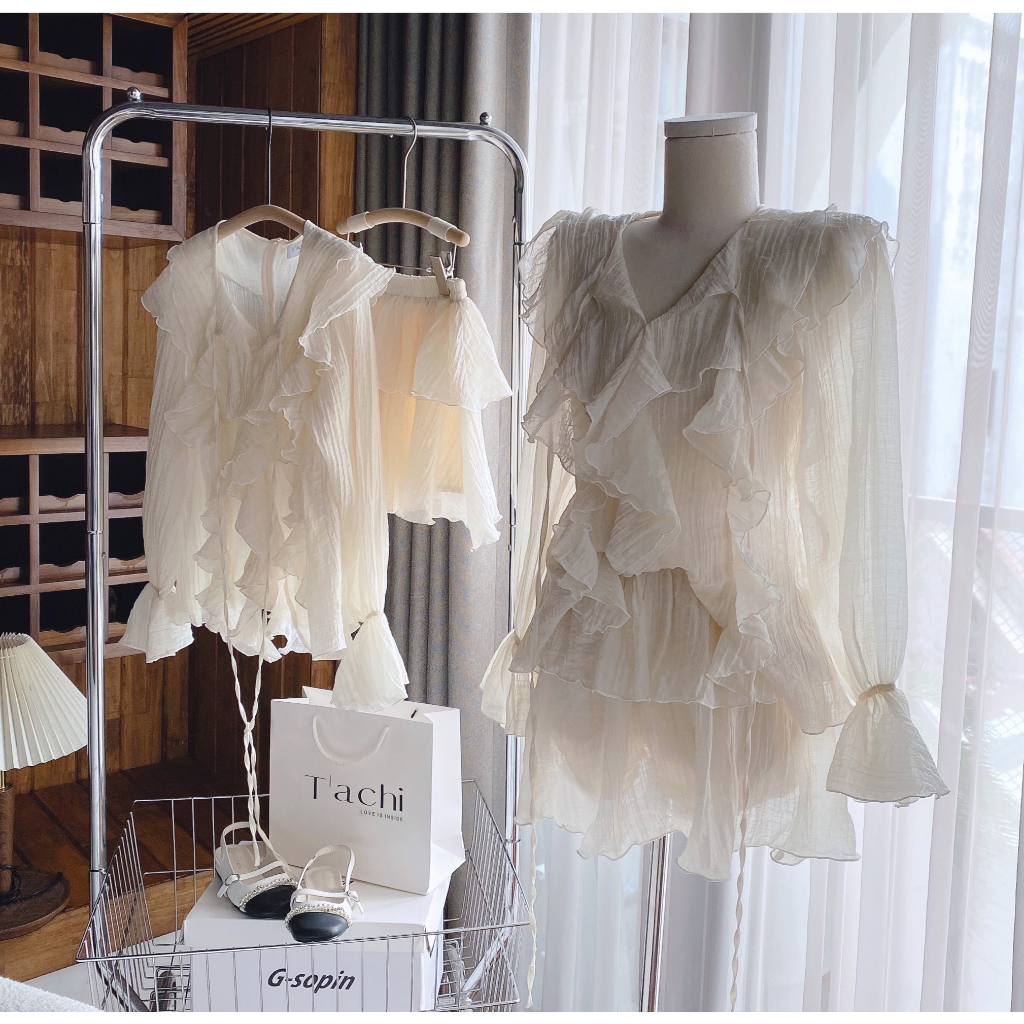 SET Áo voan nude viền bèo kèm Chân Váy tầng NÀNG CLOSET