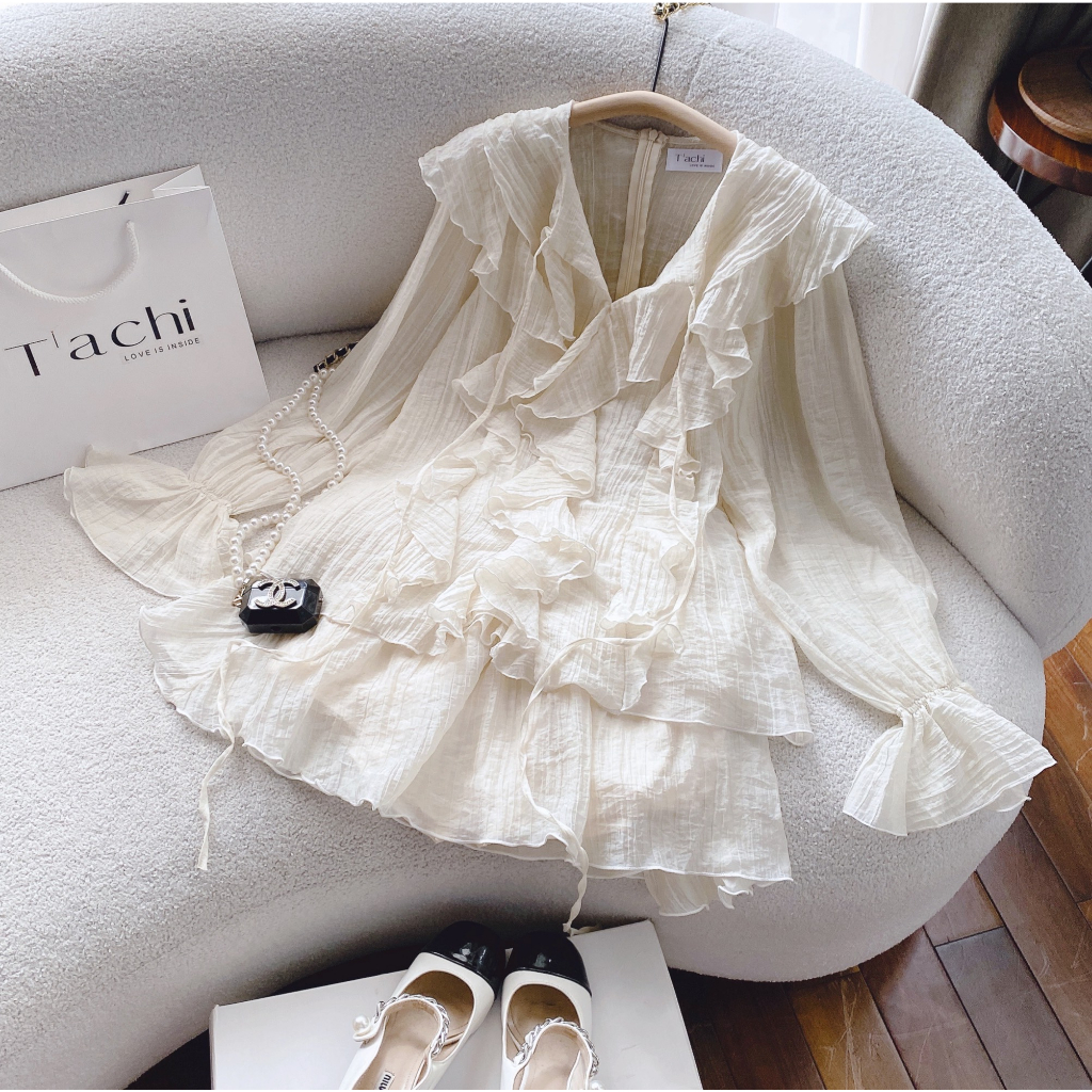 SET Áo voan nude viền bèo kèm Chân Váy tầng NÀNG CLOSET