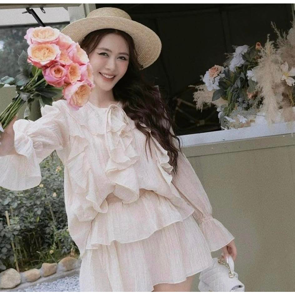 SET Áo voan nude viền bèo kèm Chân Váy tầng NÀNG CLOSET