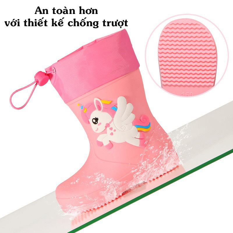 ⭐️ Ủng Đi Mưa, Dã Ngoại Trẻ Em Cao Cấp Chống Thấm Nước, Chống Trượt, Ủng Giày Bé Trai và Bé Gái Hình Pony, Khủng Long 3D