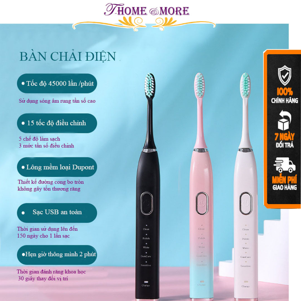 Bàn chải điện pin sạc kháng nước ipx7 bảo vệ nướu T-Home&More