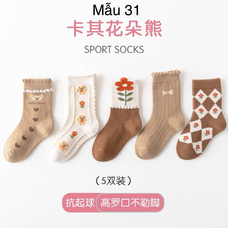 BM3 - Set 5 tất Minliu Kids Socks nhiều hình Bé Gái size 2 - 12y - Màu 25-36