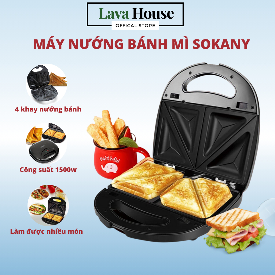 Máy Nướng Bánh Mì, Máy Kẹp Bánh Mì Sandwich Công Suất 700w Có 4 Khay Nướng Bánh Chống Dính, Bảo Hành 12 Tháng
