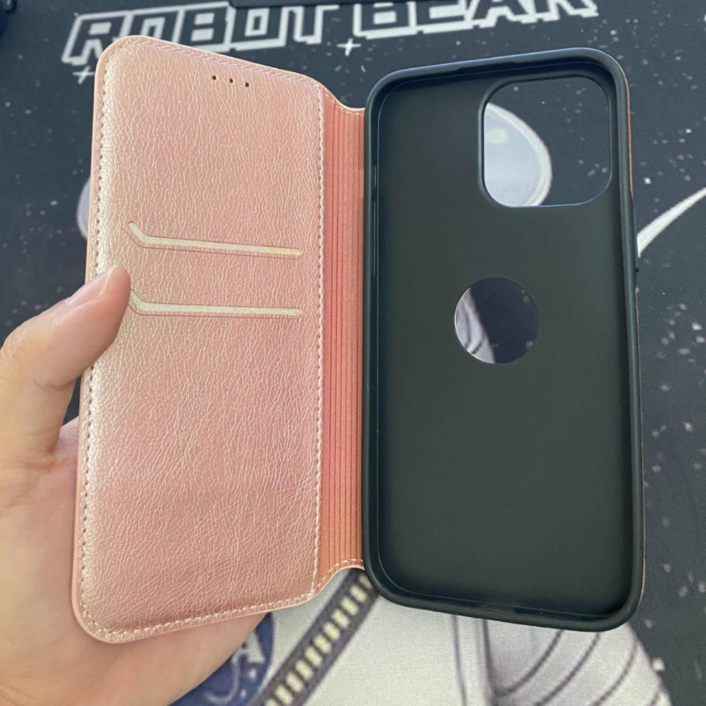Bao Da Màu Hồng Nắp Gập Da Bò Cao Cấp Kiêm Ví Đựng Thẻ Dành Cho iPhone 11/12/13/14 ProMax