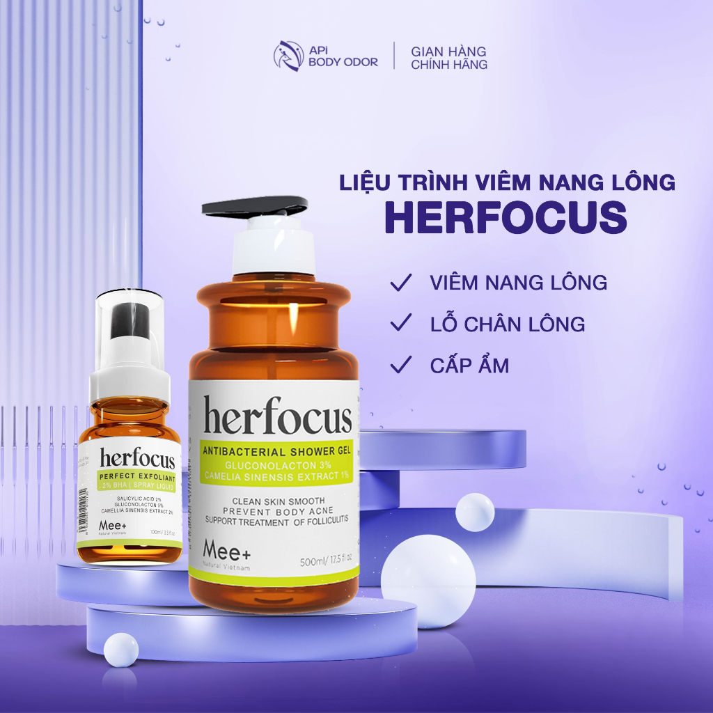 Xịt viêm nang lông HERFOCUS 100ml + Sữa tắm viêm nang lông HERFOCUS 500ml, Liệu trình viêm nang lông Mee Natural