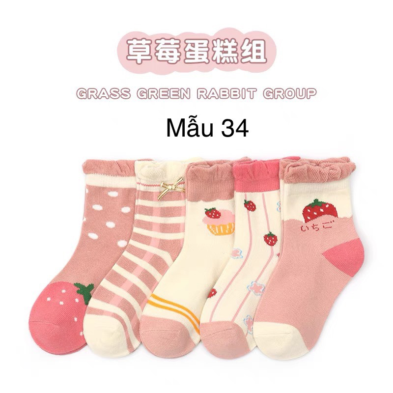 BM3 - Set 5 tất Minliu Kids Socks nhiều hình Bé Gái size 2 - 12y - Màu 25-36
