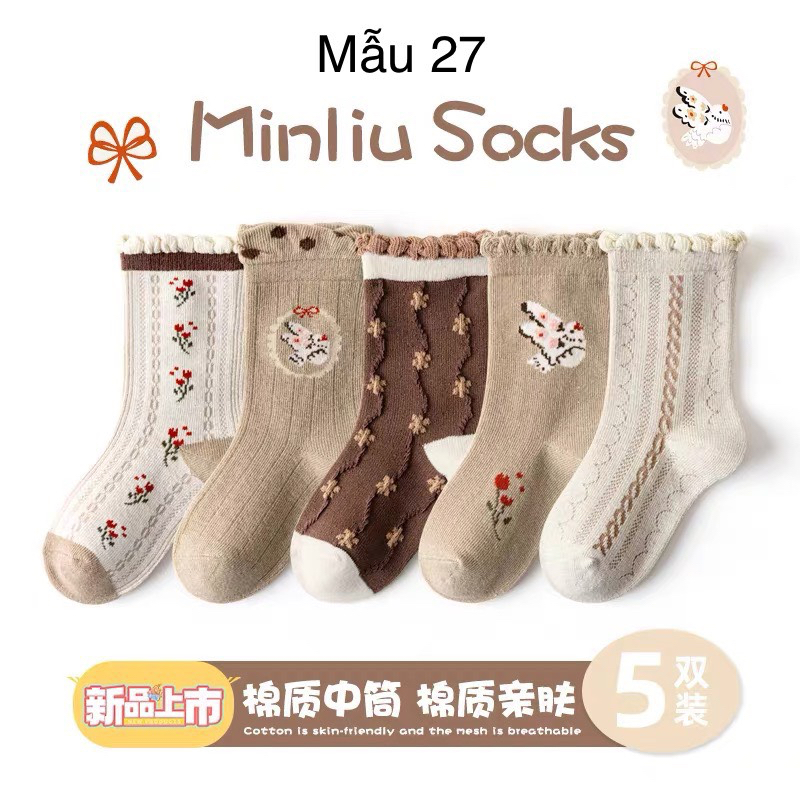 BM3 - Set 5 tất Minliu Kids Socks nhiều hình Bé Gái size 2 - 12y - Màu 25-36