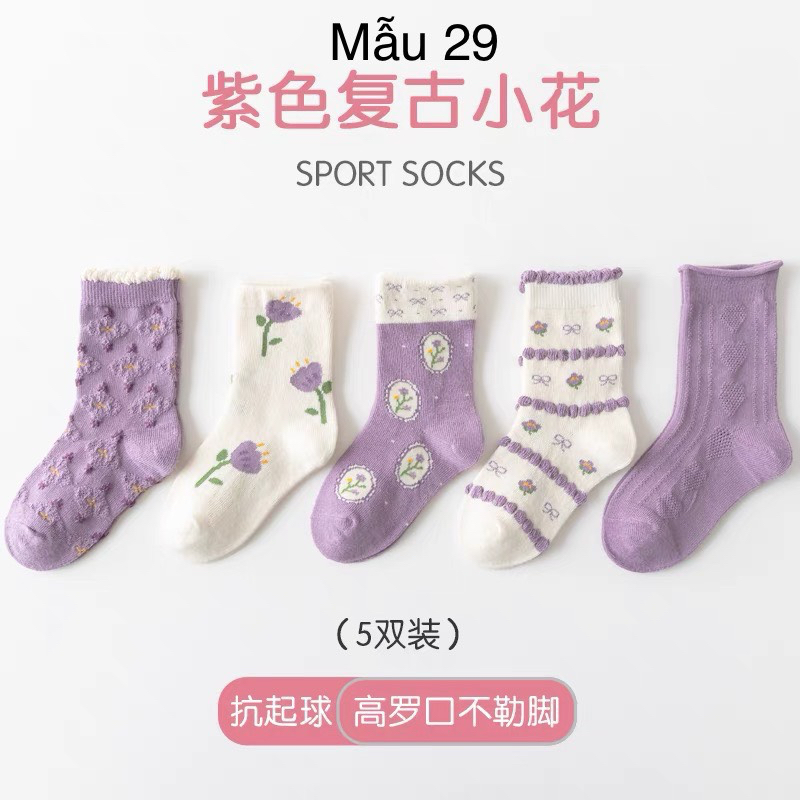 BM3 - Set 5 tất Minliu Kids Socks nhiều hình Bé Gái size 2 - 12y - Màu 25-36