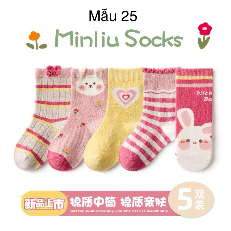 BM3 - Set 5 tất Minliu Kids Socks nhiều hình Bé Gái size 2 - 12y - Màu 25-36