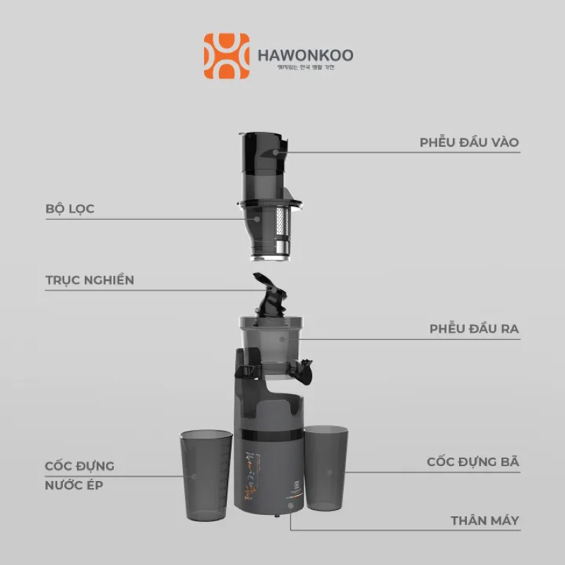 Máy ép chậm Hawonkoo SJH-002 200W 800ML - Hàng chính hãng - Bảo hành 12 tháng