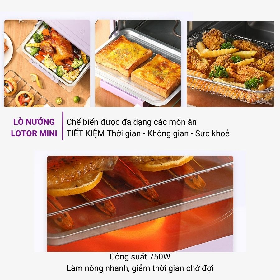 Lò nướng mini Lotor KX-1006, Lò nướng điện đa năng dung tích 10L công suất 750W thích hợp làm bánh, quay thịt