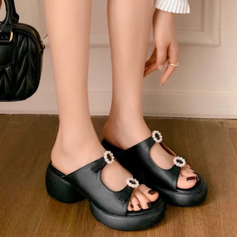 ORDER 🌿 Dép quai ngang khoen ngọc gót tròn cao su 6cm