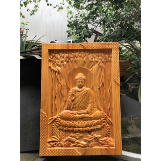 Tranh gỗ decor để bàn phật thích ca ngồi gốc bồ đề
