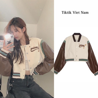 (SẴN XL) Áo khoác croptop nữ bóng chày bomber chất nỉ phối tay da màu be nâu cá tính AKBC001 - Tiktik