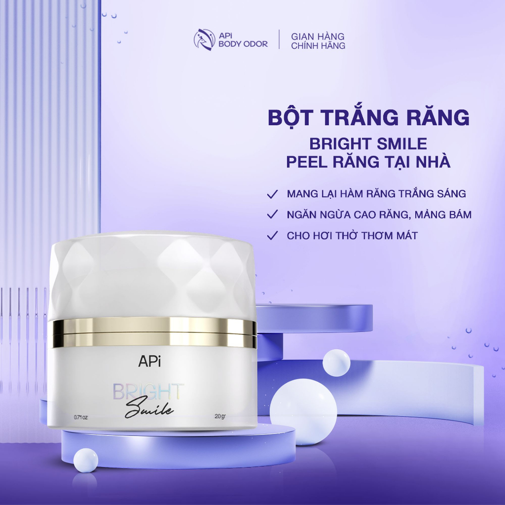 Bột trắng răng Bright Smile, Bột làm trắng răng APi, trắng răng ngay tại nhà- Làm sạch khoang miệng, mảng bám 20g