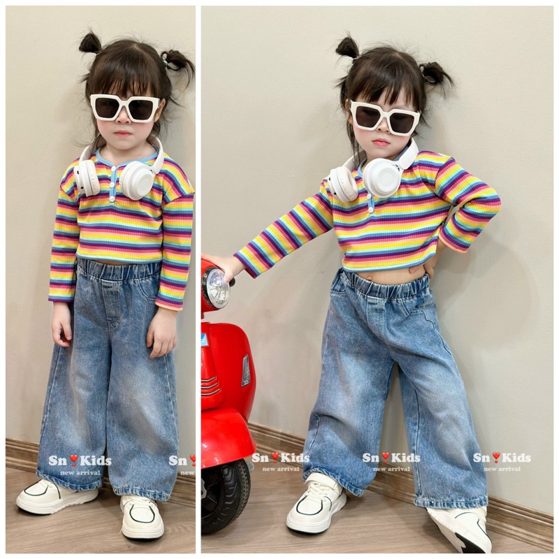 Set quần jean/ bò suông áo tay dài mềm cho bé gái